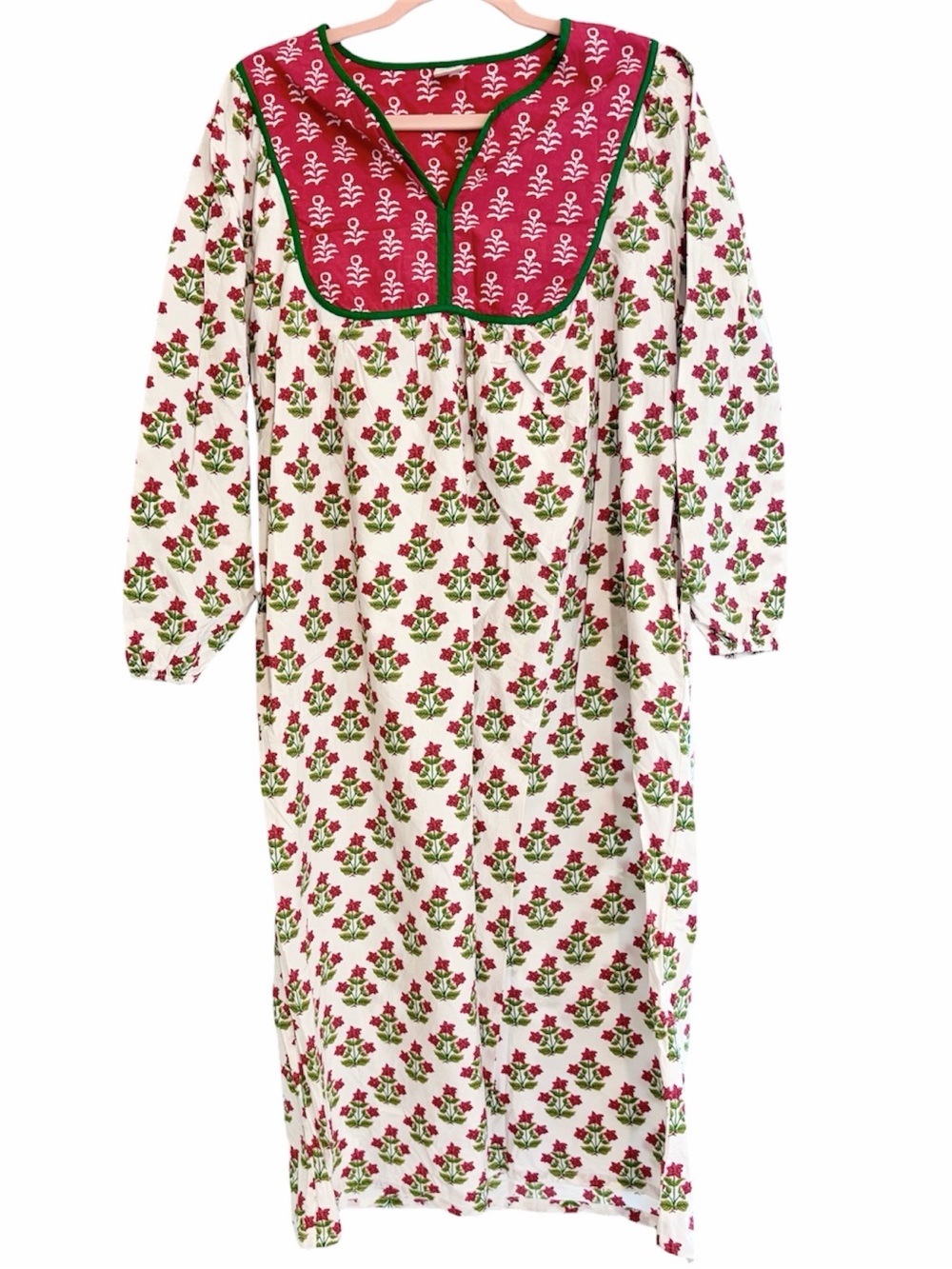 Printfresh House Nap Dress, Poinsettia Block Print, Red Green White Nightgown
